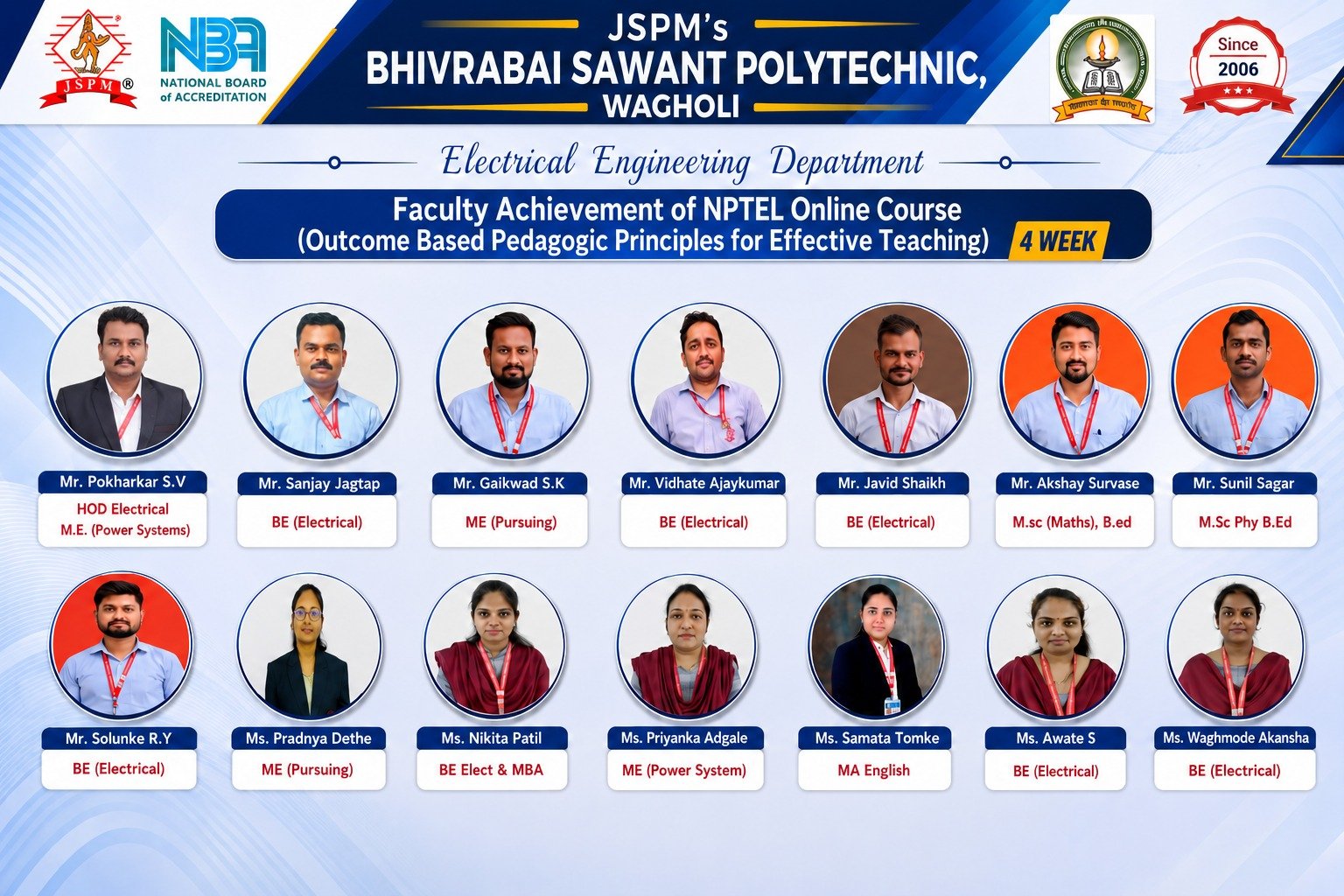 Faculty Achievement of NPTEL Online Course(Outcome based Pedagogic Principles for Effective Teaching)